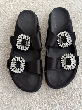 Roger Vivier Black Women's Slide Sandals with Crystal Buckles